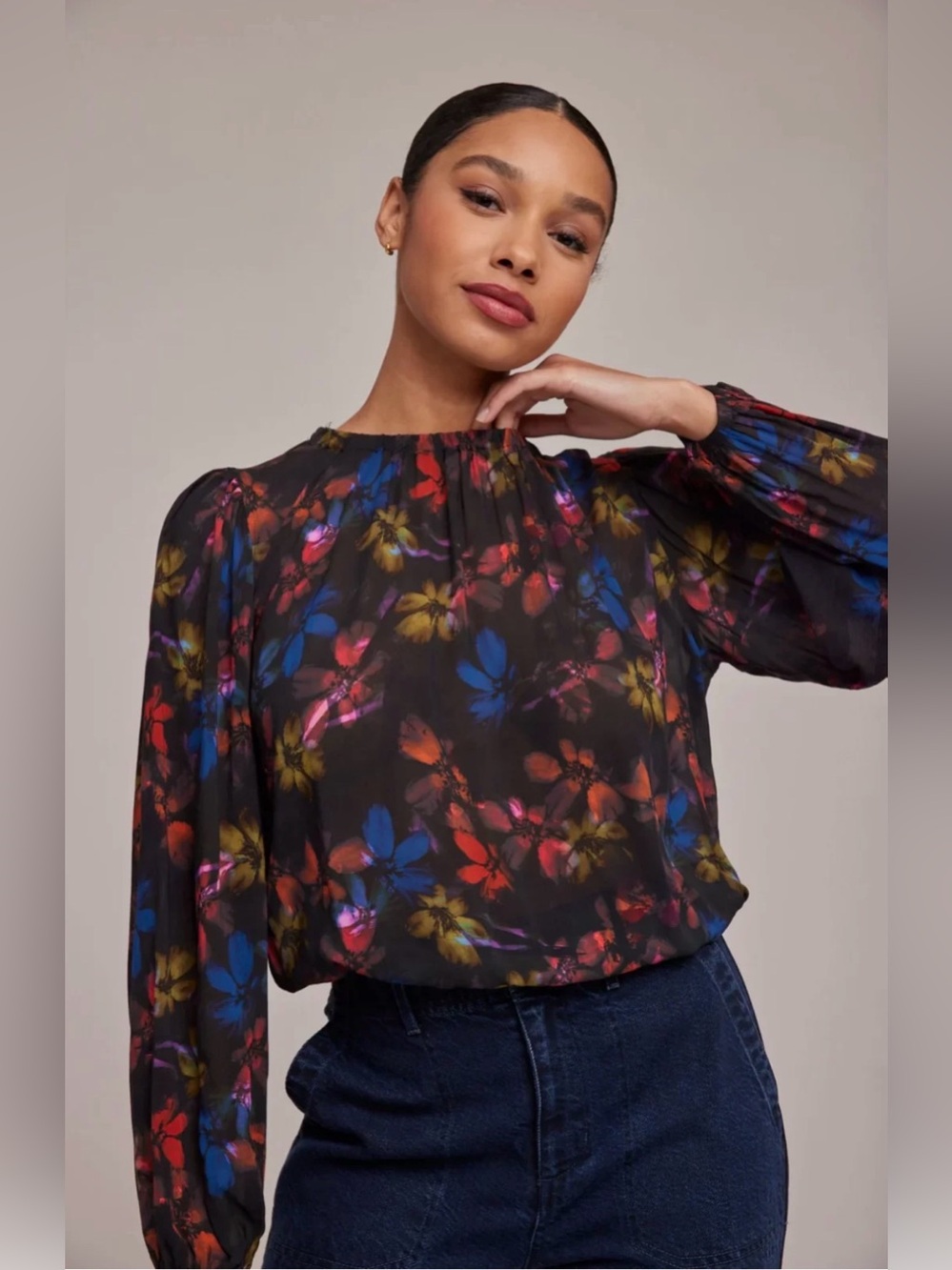 Bella Dahl Black Floral Sheer Balloon Sleeve Blouse Multicolor XS